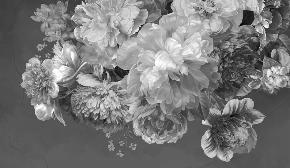 Carta da parati con fiori di peonia in bianco e nero