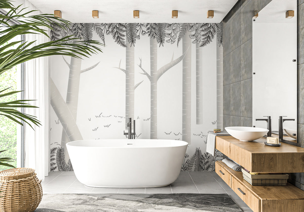 Gray birch forest bathroom wallpaper