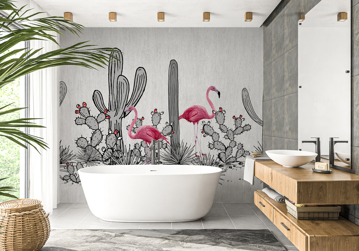 Cactus & flamingo panoramic bathroom wallpaper