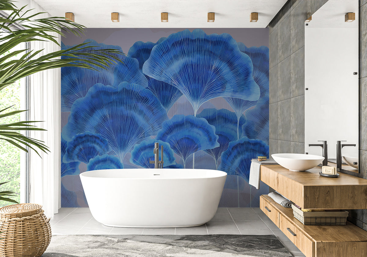 Carta da parati per bagno contemporaneo ginkgo zen blu