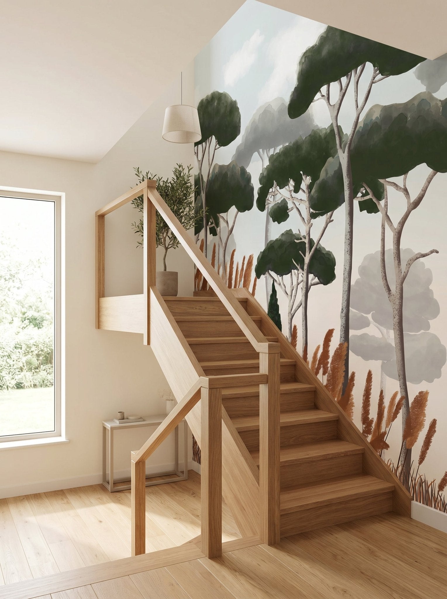 Papier peint Escalier - Cyprès pins et herbes de la pampa - Muralconcept