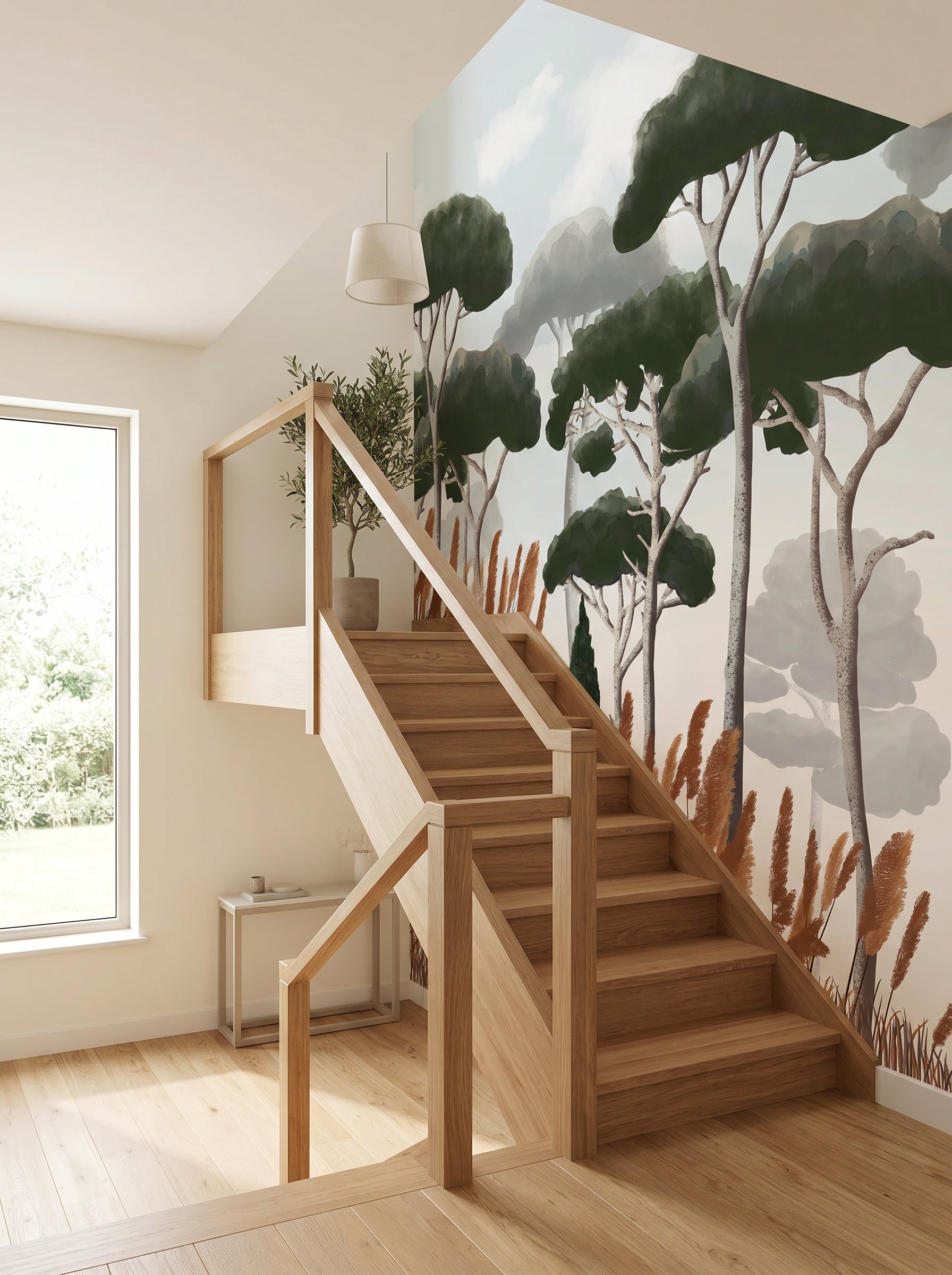 Papier peint Escalier - Cyprès pins et herbes de la pampa - Muralconcept