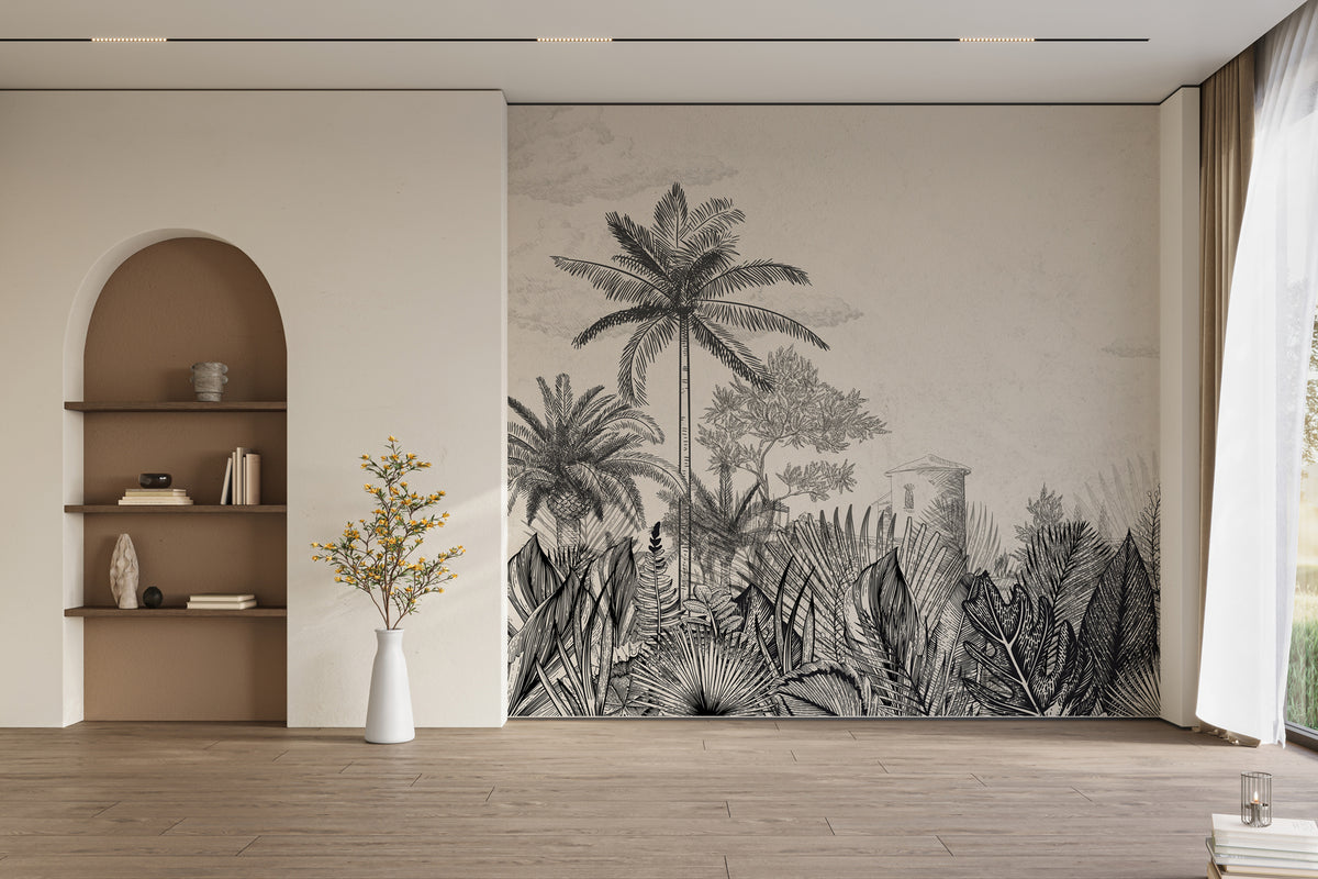 Black and white tropical heritage wallpaper