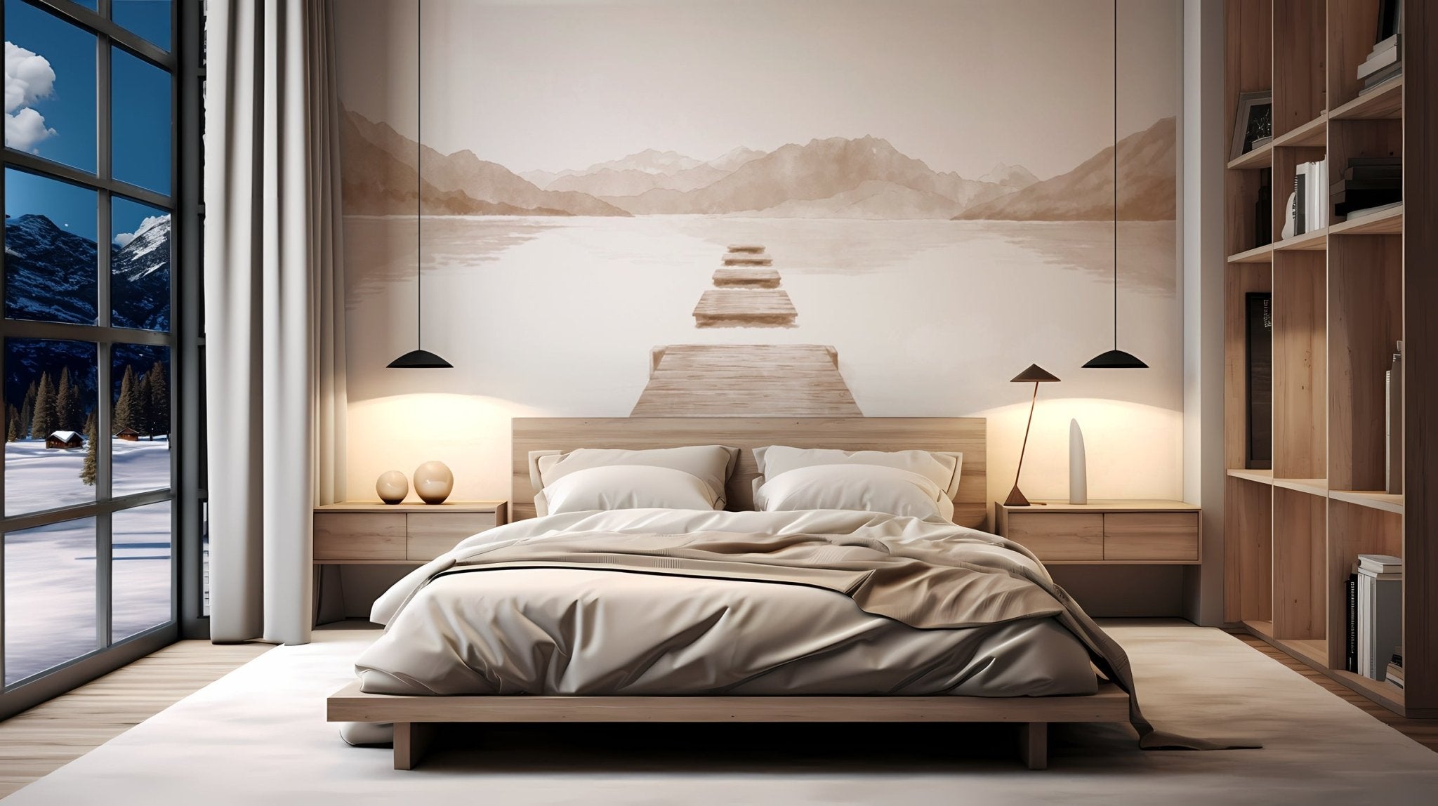 Papier peint  ponton sur le Lac d’Annecy - Monochrome beige - Muralconcept