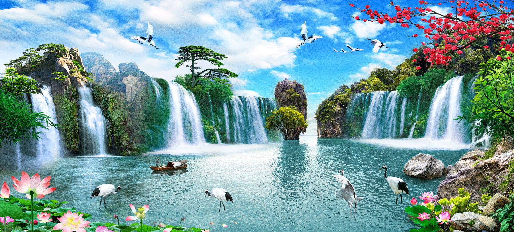 Papier peint panoramique Cascade Asie Zen, mural concept, tendance