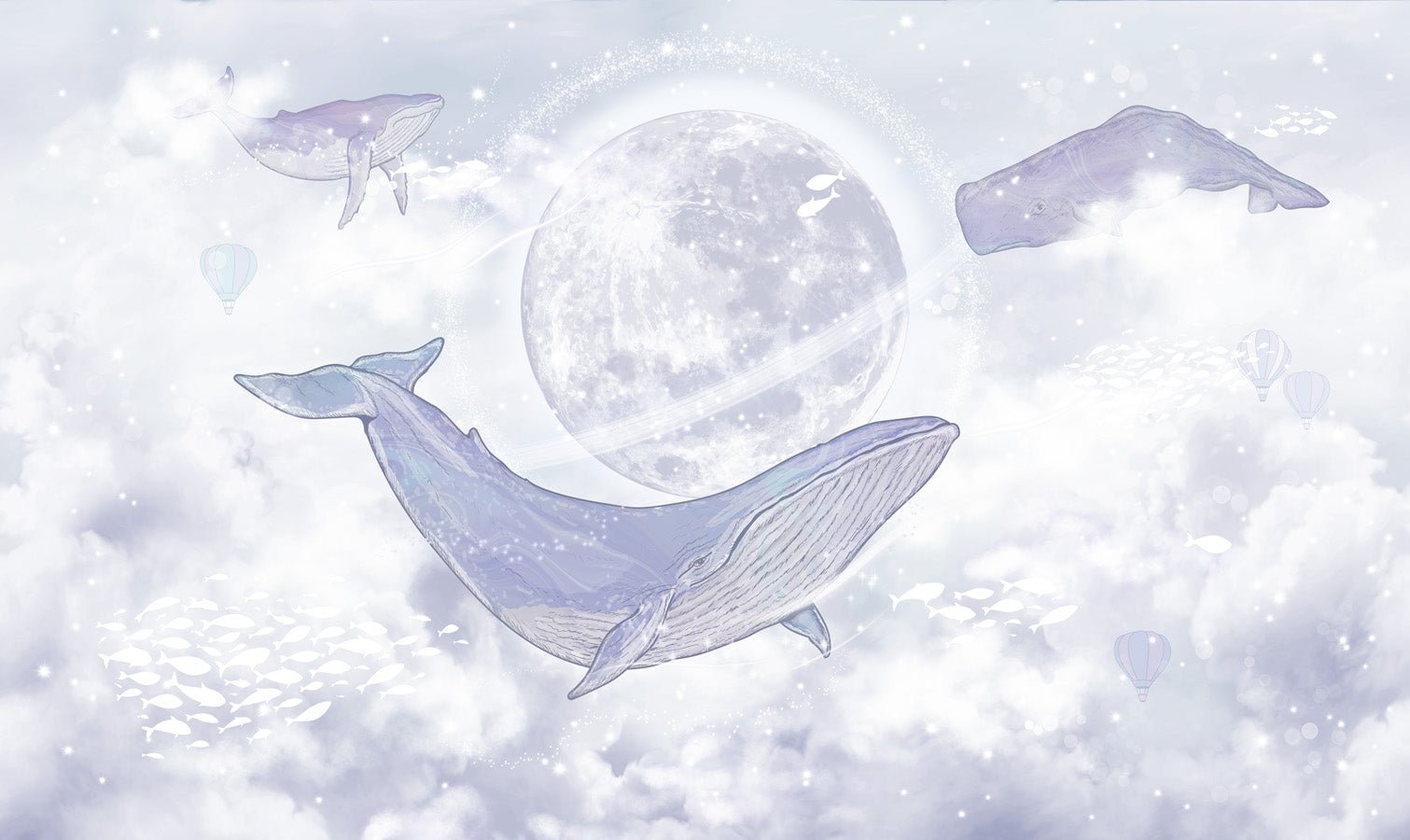 Papier peint enfant baleines célestes, mural concept, tendance