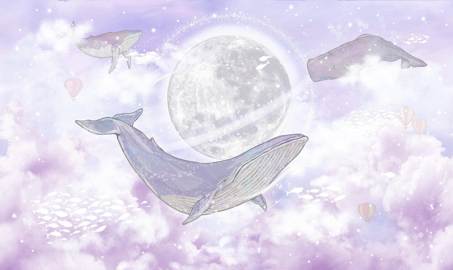 Papier peint enfant baleines féériques, mural concept, tendance