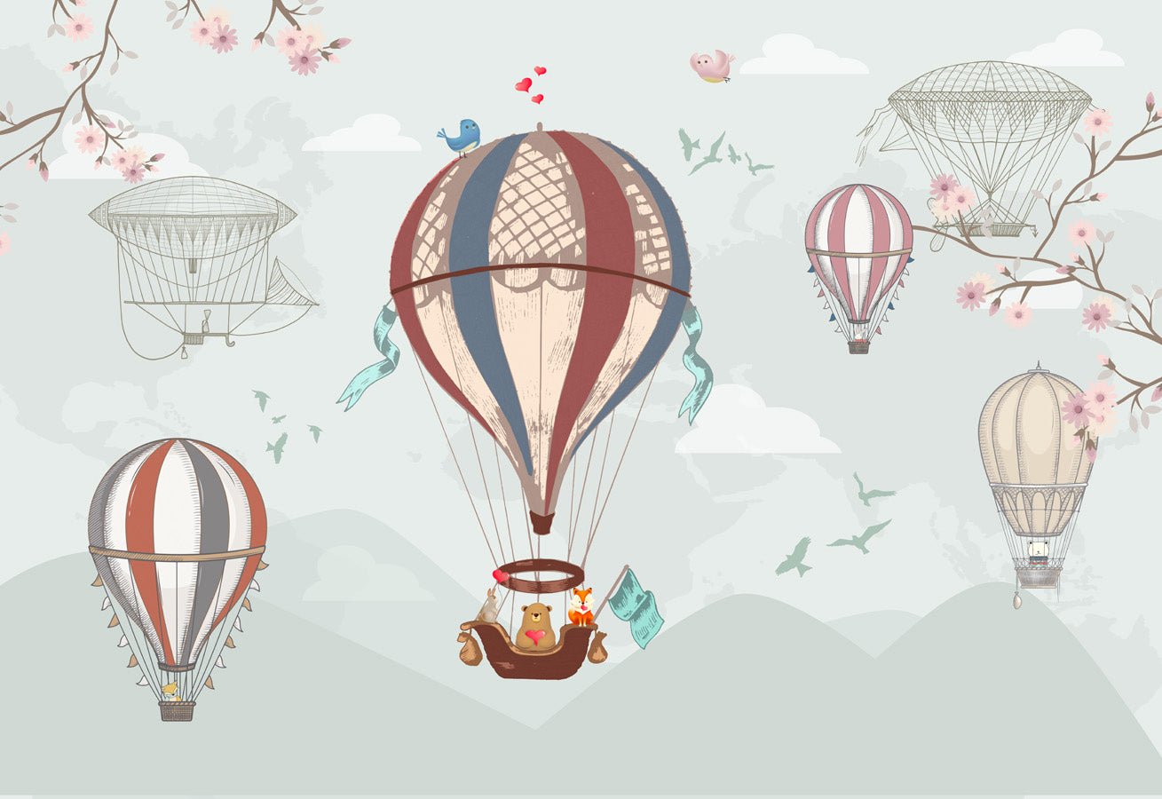 Papier peint enfant vintage montgolfière et animaux, mural concept, tendance
