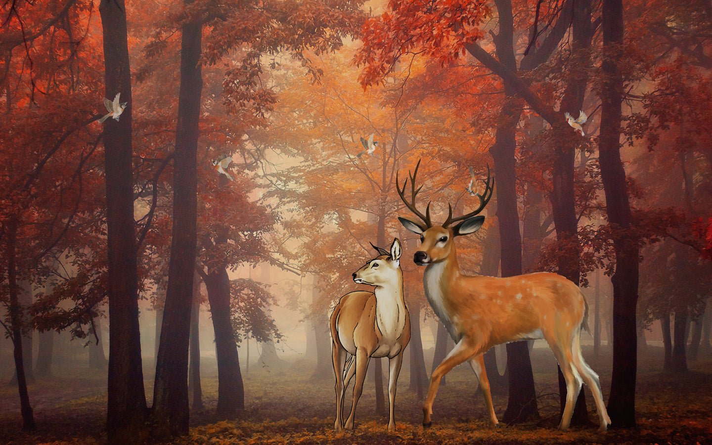 Papier peint Forêt couleur d'automne & Cerfs, mural concept, tendance