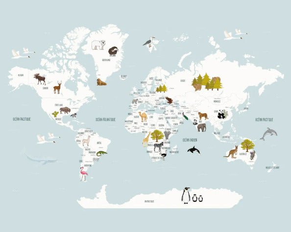 Papier peint Carte du monde en Francais enfant bleu glacier, XXL, tendance