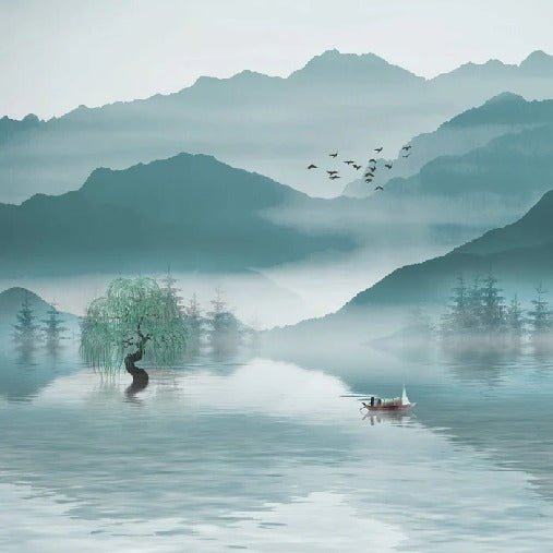 Papier peint salle bain entre montagne et lac, XXL, tendance