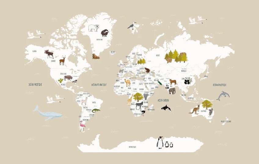 Children's French world map wallpaper beige