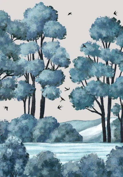 Papier peint paysage rivière forêt bleu, XXL, tendance