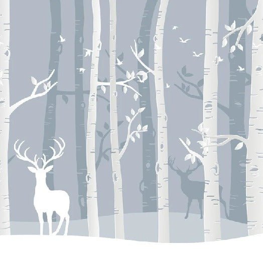 Carta da parati per bambini della foresta scandinava di betulle e cervi
