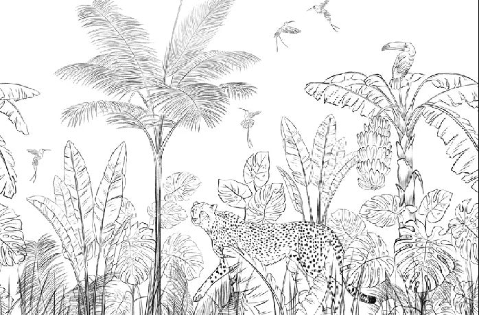 Carta da parati della giungla leopardata in bianco e nero