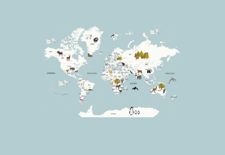 Mappa del mondo per bambini in carta da parati francese blu ghiaccio