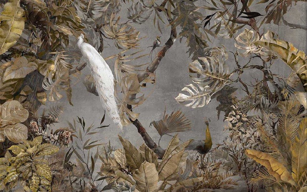 Papier peint panoramique paon blanc impérial, XXL, tendance