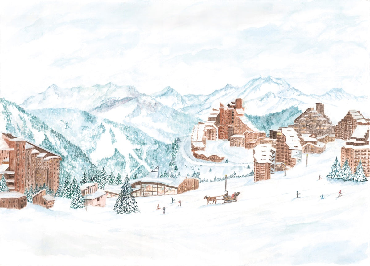 Panorama-Tapete „Avoriaz“ – Skifahren, Pferdekutsche, Berge in Aquarelltechnik