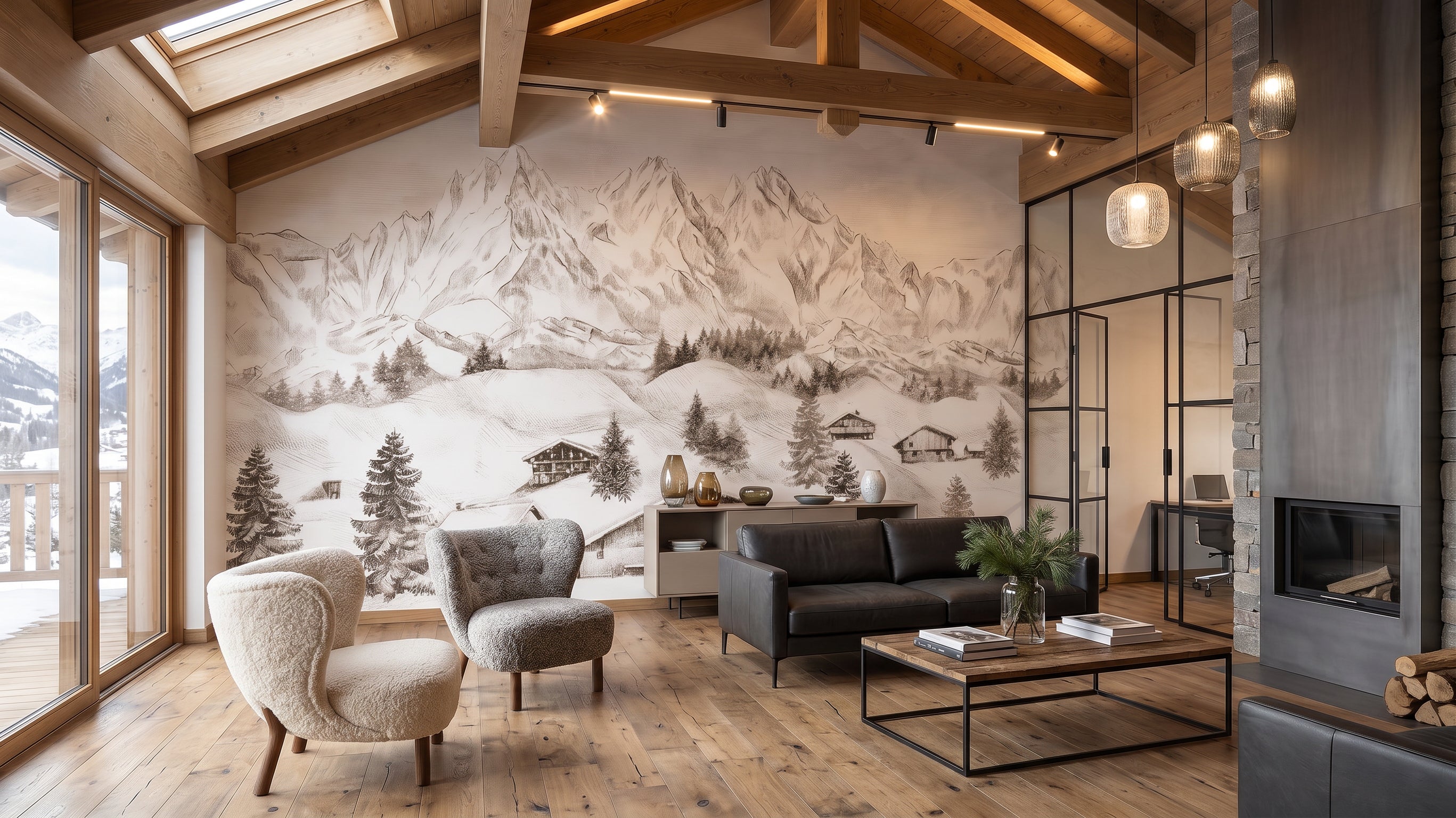 Papier peint panoramique - Chalet & montagne des Alpes - Muralconcept