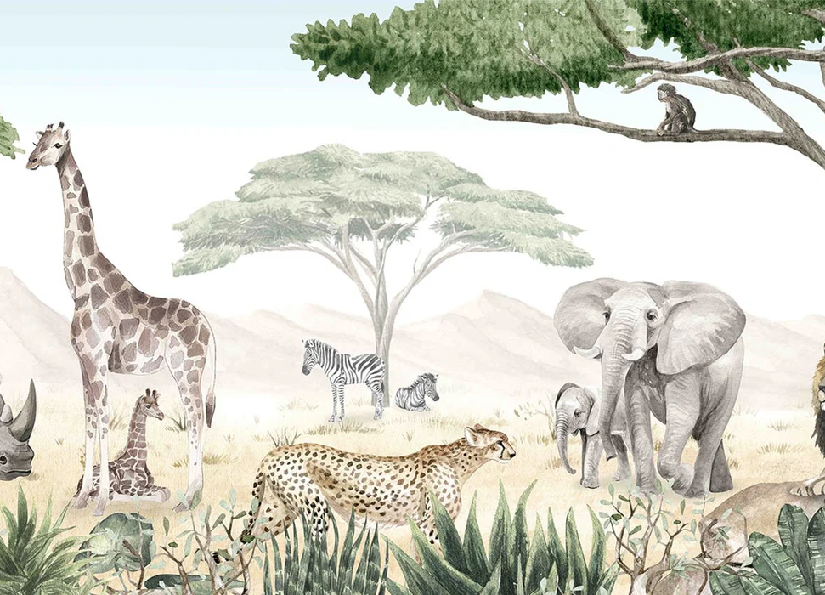 Papier peint enfant savane en peinture - Muralconcept