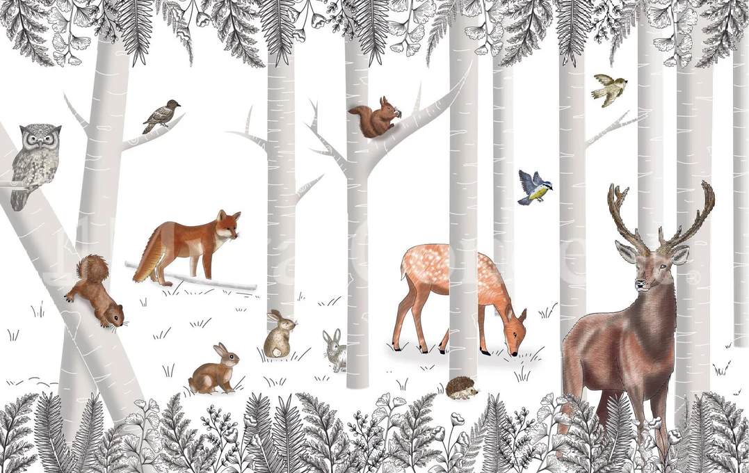 Papier peint bois enchanté et ses animaux