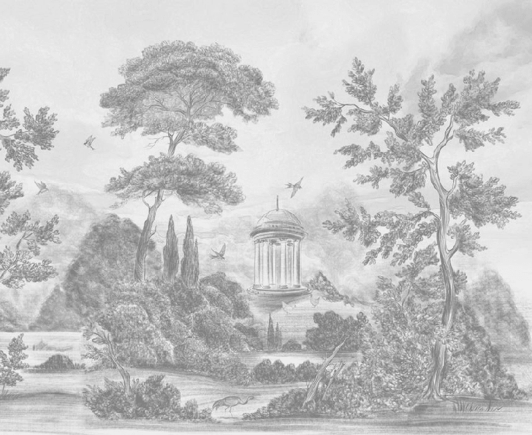 Papier peint panoramique Villa Borghese Rome – Gravure noir et blanc pins italiens - Muralconcept
