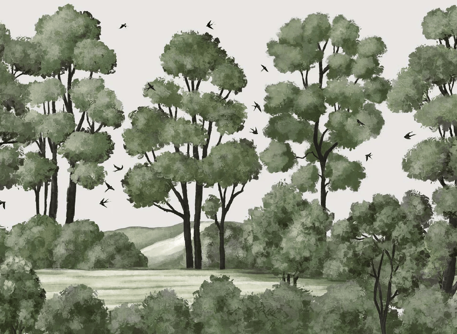 Papier peint paysage rivière forêt vert