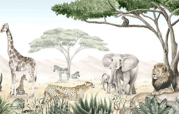Papier peint enfant savane en peinture - Muralconcept