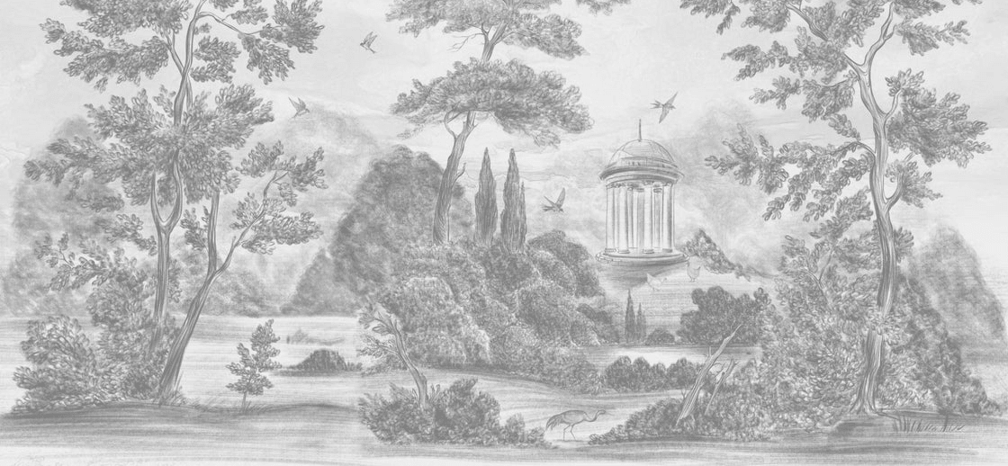 Papier peint panoramique Villa Borghese Rome – Gravure noir et blanc pins italiens - Muralconcept