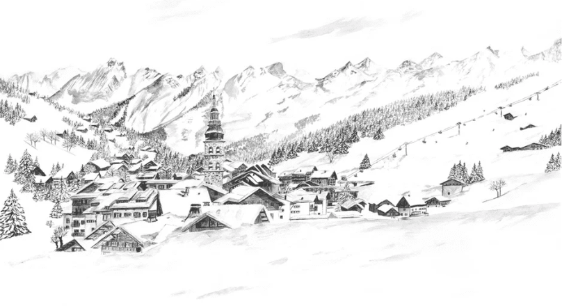 Papier peint panoramique La Clusaz en peinture - Noir et blanc - Muralconcept