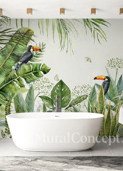 Papier peint salle de bain jungle oiseau exotique