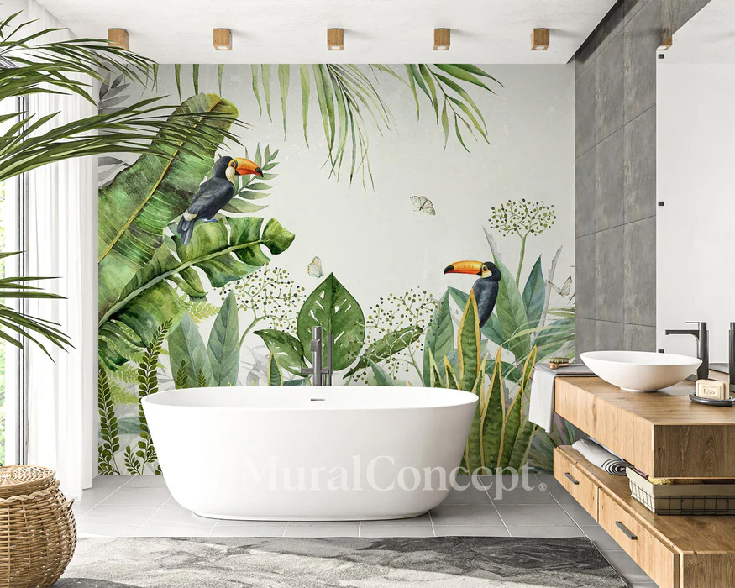 Papier peint salle de bain jungle oiseau exotique