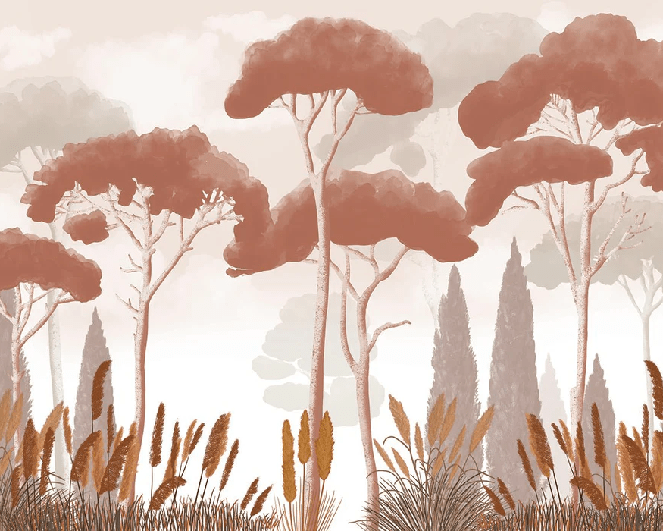 Papier peint cyprès pins et herbes de la pampa terracotta - Muralconcept