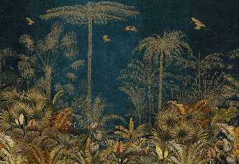 Papier peint jungle gravure bleu