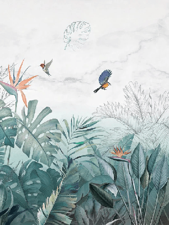 Papier peint salle de bain jungle bleu marbre