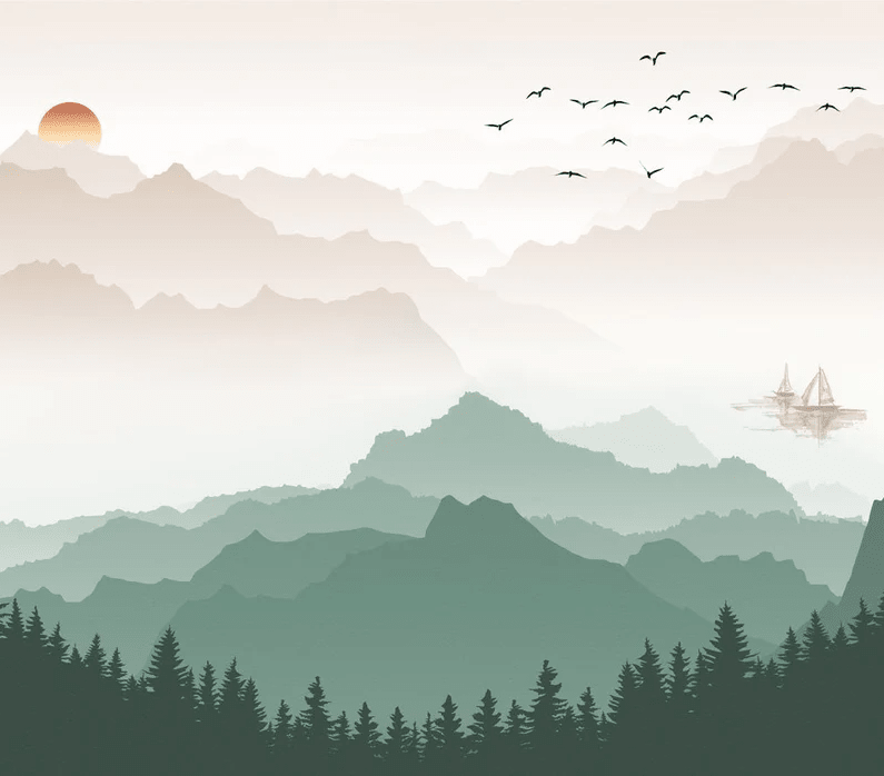 Papier peint montagne dans brume terracotta - Muralconcept