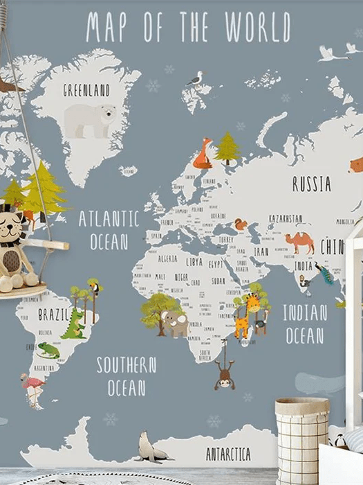 Papier peint chambre enfant map animaux gris - Muralconcept