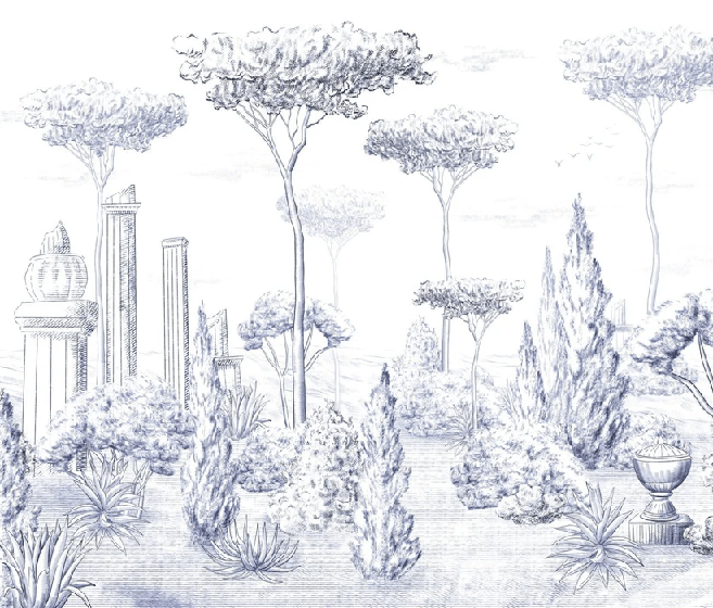 Papier peint style romain pinède bleu