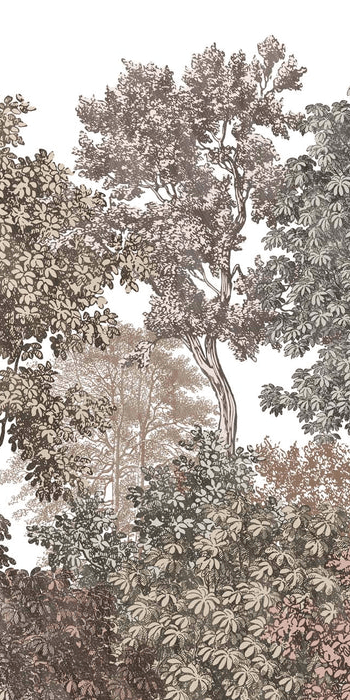 Papier peint paysage forêt gravure rosé