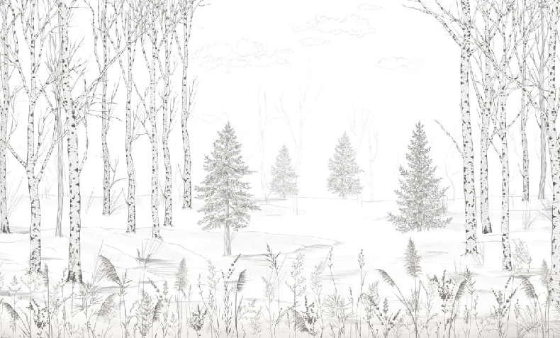 Papier peint forêt noir et blanc – Douceur des Bois - Muralconcept