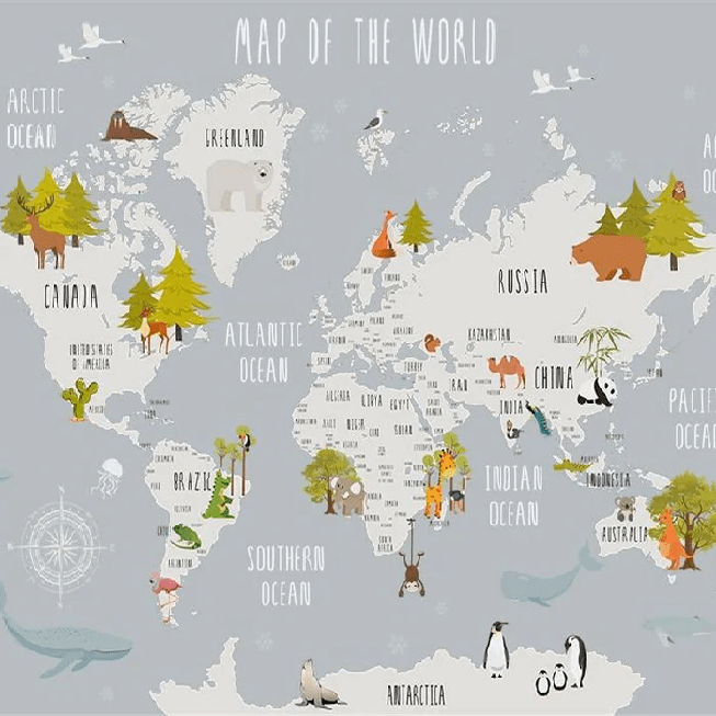 Papier peint chambre enfant map animaux gris clair