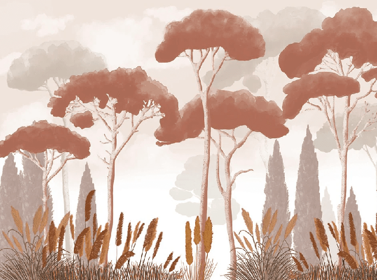 Papier peint cyprès pins et herbes de la pampa terracotta - Muralconcept
