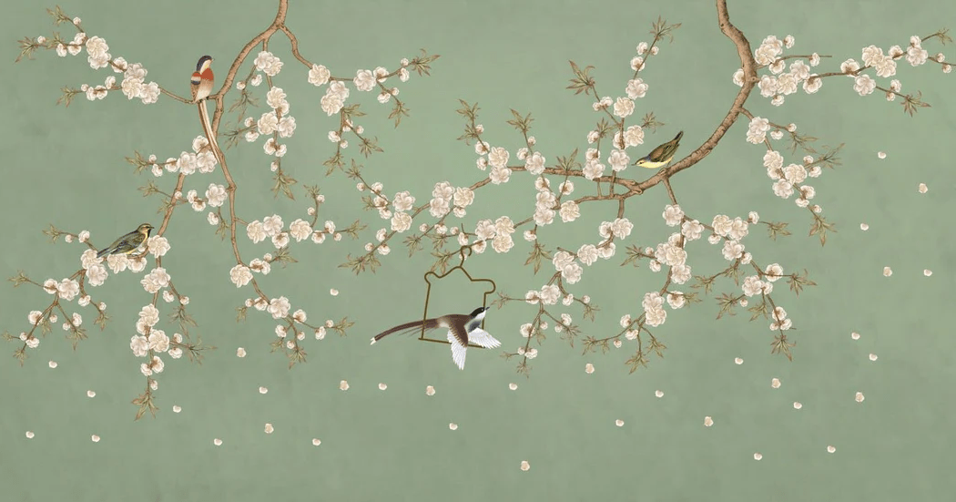Papier peint sakura zen vert - Muralconcept