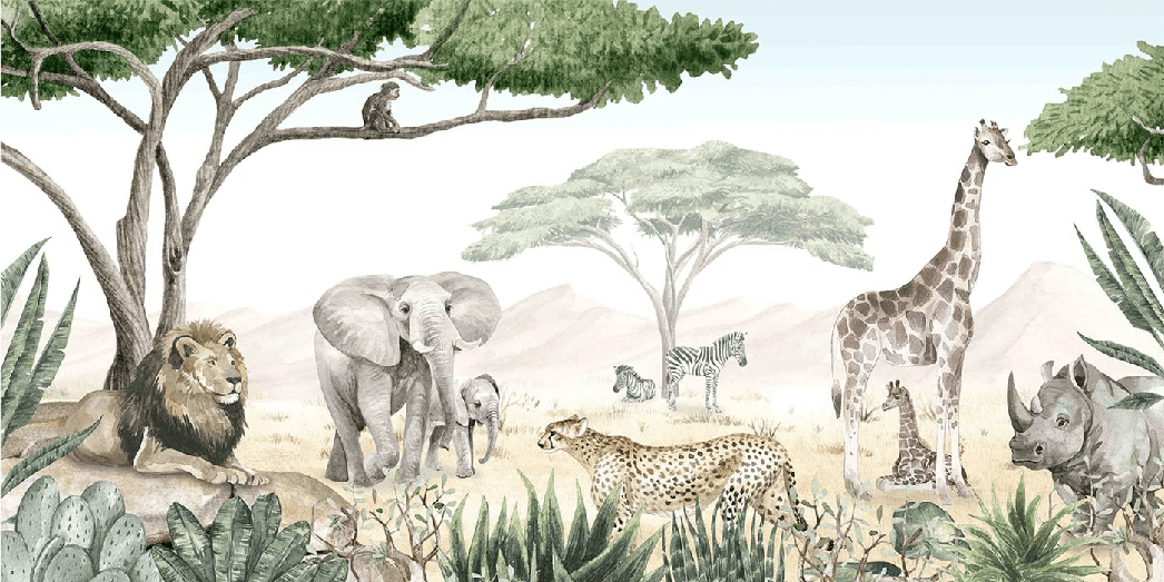 Papier peint enfant savane en peinture - Muralconcept