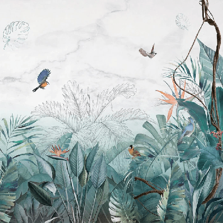 Papier peint salle de bain jungle bleu marbre