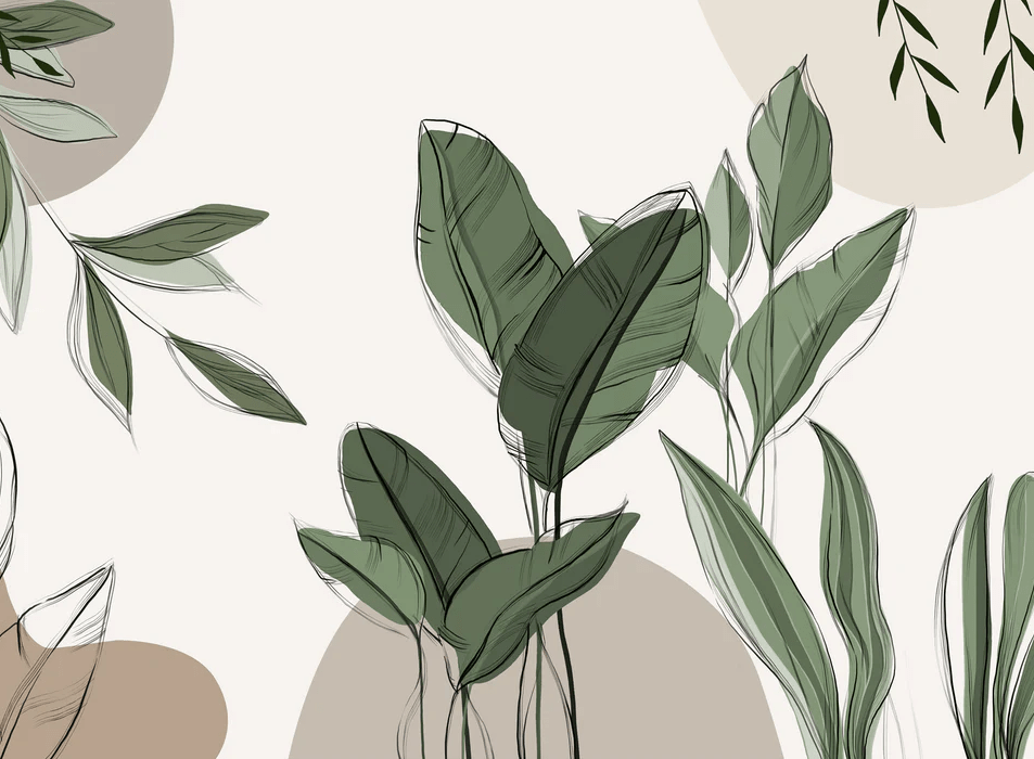 Papier peint panoramique végétal graphique taupe - Muralconcept