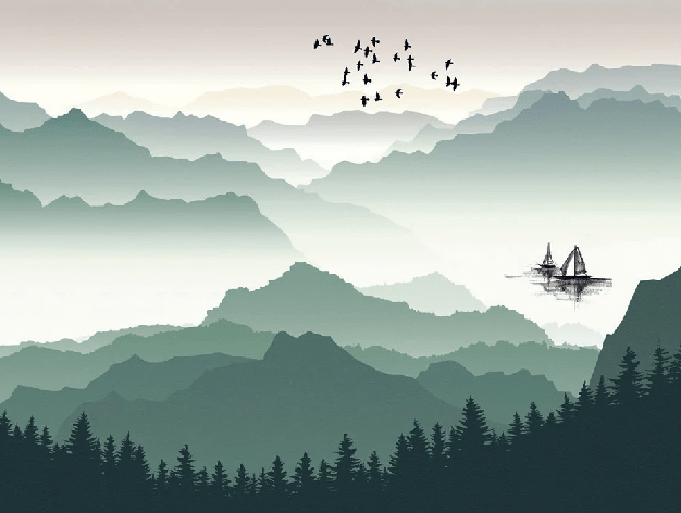 Papier peint montagne et voile sur le lac