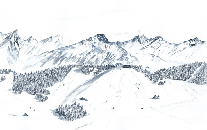 Papier peint montagne Megève – Fresque artistique peinte à la main