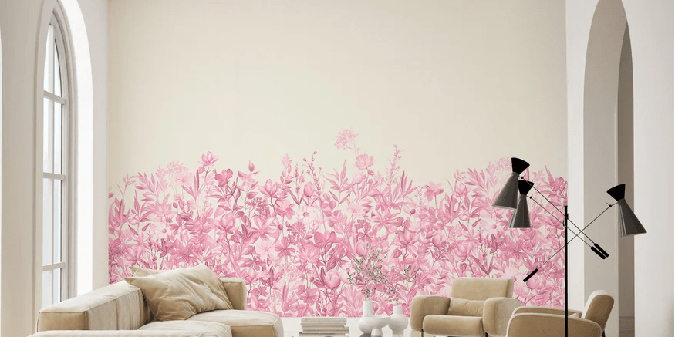 Papier peint fleurs au pinceau rose, XXL, tendance