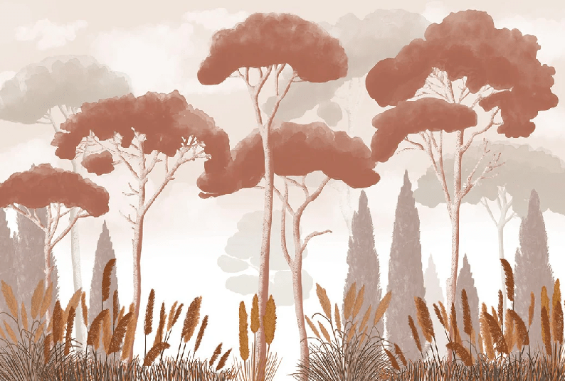 Papier peint cyprès pins et herbes de la pampa terracotta, XXL, tendance